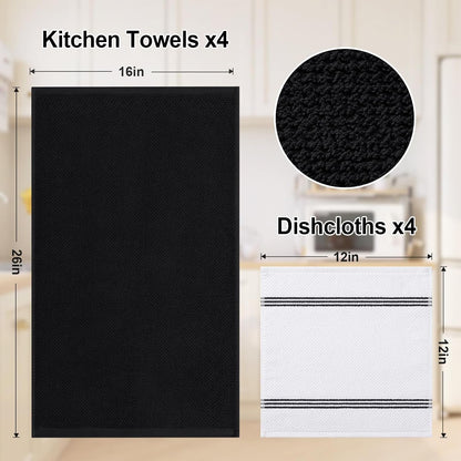 Dual Design Kitchen Towels and Dishcloths Set, 8 Pack, Black4