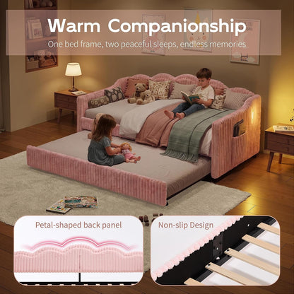 Twin Size Faux Fur Upholstered Daybed with Trundle, Side Pockets, Pink3