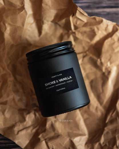Premium Smoke & Vanilla Scented Candle – Long Lasting, 45 Hour Burn Time – Luxury Black Natural Soy Scented Candle for Men with Wood Wick – Room Decor and Aromatherapy – 7.6 Oz6