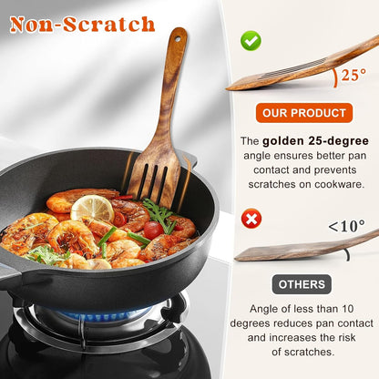 2Pcs Wooden Spatula, Acacia Solid & Slotted Turner Spatula Set, Long Handle Flat Frying Spatulas, Ideal Kitchen Gift for Mother and Grandma, Kitchen Utensils Set for Cooking, Frying, Baking3