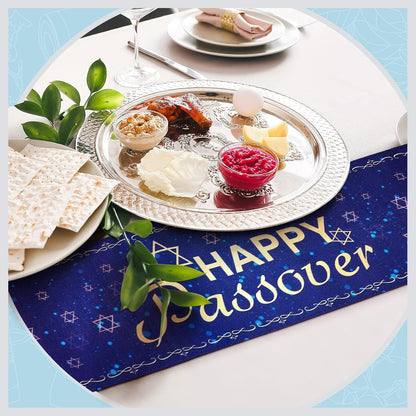 2 Pack Happy Passover Table Runner 72 X 13 Inch, Linen Pesach Seder Table Decoration, Star of David Menorah Design, Jewish Holiday Party Kitchen Dining Home Decor, Dark Blue4