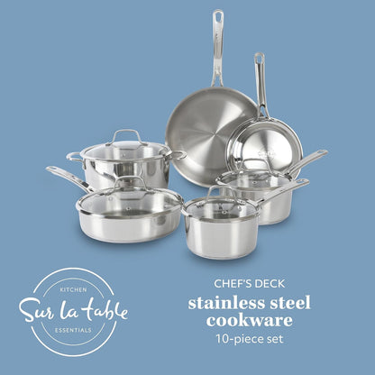 Sur La Table Kitchen Essentials Chef'S Deck 10 Piece Stainless Steel Non Toxic Pots and Pans Kitchen Cookware Set W/Triply Encapsulated Base - Induction Safe2