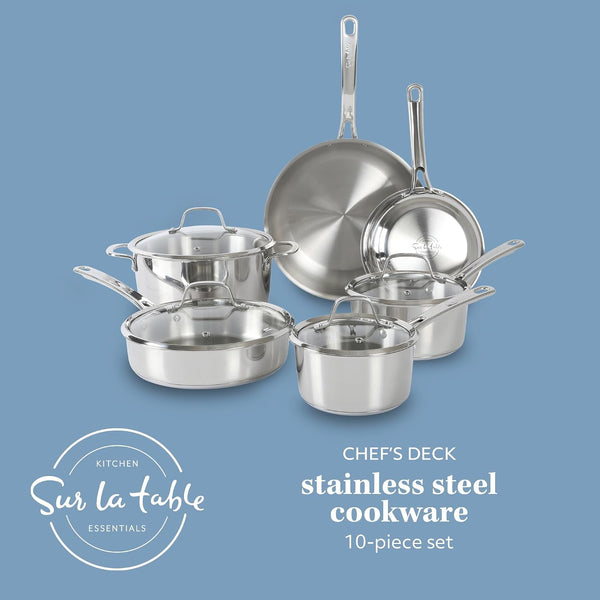 Sur La Table Kitchen Essentials Chef'S Deck 10 Piece Stainless Steel Non Toxic Pots and Pans Kitchen Cookware Set W/Triply Encapsulated Base - Induction Safe2