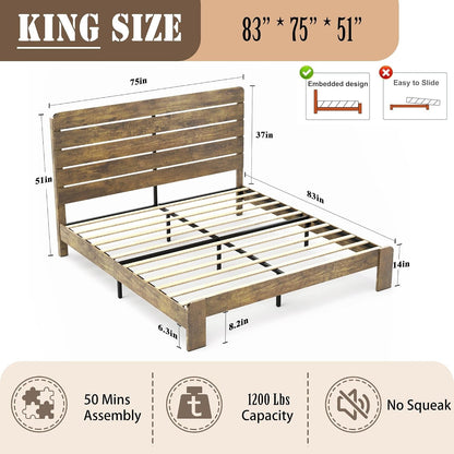 Wooden King Size Bed Frame with Linear Headboard, Rustic Platform2