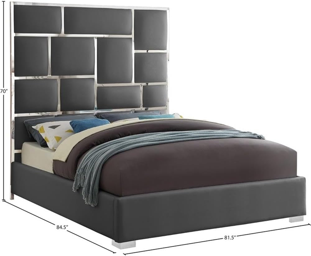 modern-king-bed-solid-wood-and-gray-vegan-leather-chrome-metal-accents-81-5-w-x-84-5-d-x-70-h-tall-geometric-headboard-no-box-spring-required-contemporary-bedroom-furniture