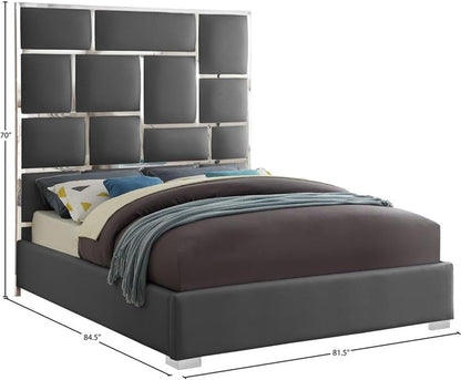 Modern King Bed, Solid Wood and Gray Vegan Leather, Chrome Metal Accents, 81.5" W X 84.5" D X 70" H, Tall Geometric Headboard, No Box Spring Required, Contemporary Bedroom Furniture3