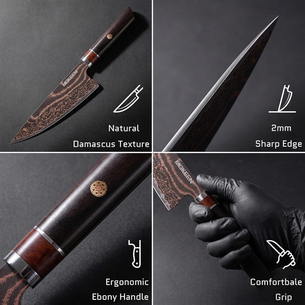Copper Damascus Steel Knife, Premium V Gold Powder Steel Core Chef Knife with Gift Wooden Box, Ergonomic Ebony Wood, Professional Cooking Knives for Home & Restaurant3