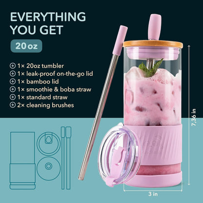 ® Glass Cups with Lids and Straws -20 Fl Oz- Perfect Size Iced Coffee Cup - Smoothie Cup with Bamboo Lid and on the Go Lid - Glass Tumbler with Straw (1 Count (Pack of 1), Lilac Rhapsody)2