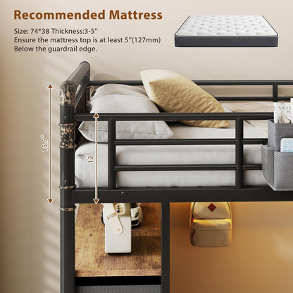 Twin Loft Bed with Desk and 8 Storage Drawers, Metal Loft Bed Twin Size with LED Lights & Charging Station, Bed Frame with Hanging Rod, Safety Guardrail & Ladder, for Kids & Teens (Rustic Brown)10