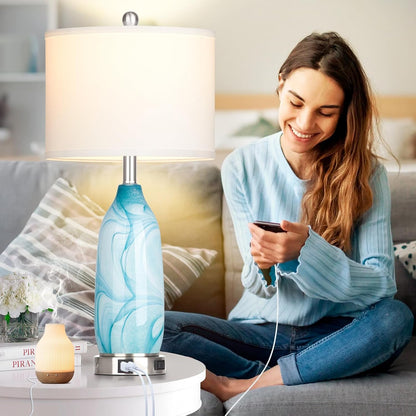 26" Coastal Table Lamps Set of 2, Modern Table Lamps with USB A+C Ports & AC Outlet, Touch Control Glass Bedside Nightstand Lamp with Night Light for Living Room Bedroom End Table Blue(Bulbs Included)6