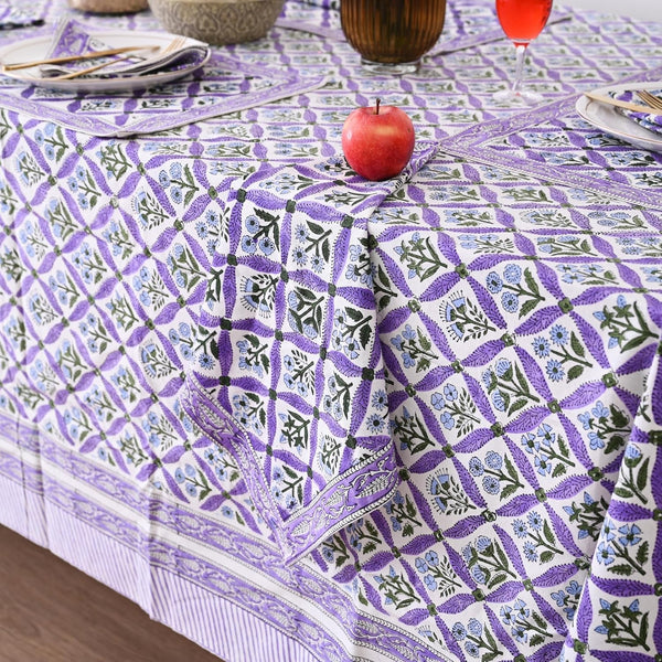 Hand Block Printed Tablecloth, Colorful Floral Print, Indian Artisan Handmade Art, Dining Room, Kitchen, Outdoor Party Decor, 100% Cotton, (Royal Purple Flora, 8 Seater 72 X 108 Inches Rectangle)3