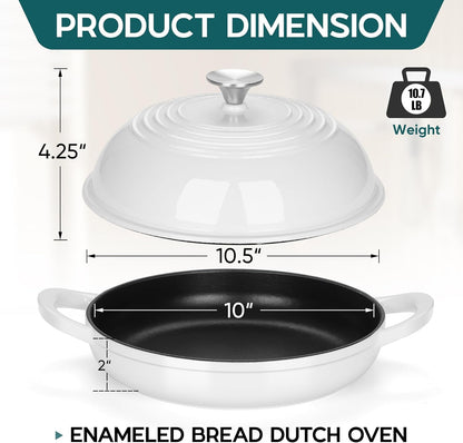 Dutch Oven for Sourdough Bread Baking, 6 Qt round Enameled Cast Iron Dutch Oven for Homemade Artisan Bread, Dome Lid & Shallow Base, Matte Black Interior & Durable, Oven-Safe to 500℉, White2