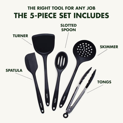 5 Piece Cooking Utensil Set, Flexible Nonstick Silicone, Stain-Free, Tongs, Turner, Spatula, Skimmer, and Slotted Spoon, Black5