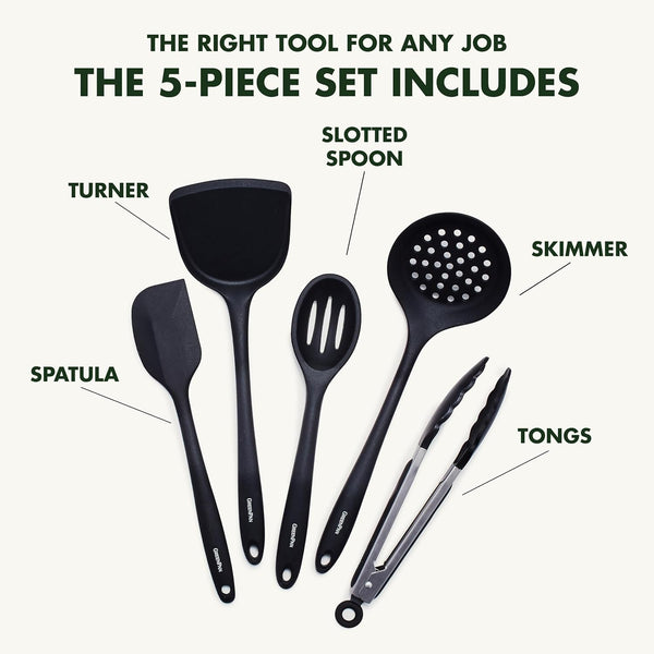 5 Piece Cooking Utensil Set, Flexible Nonstick Silicone, Stain-Free, Tongs, Turner, Spatula, Skimmer, and Slotted Spoon, Black5