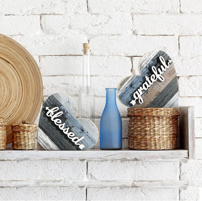 2 Pcs Rustic Wooden Heart Block Home Decor, Grateful Style | Decoration for Shelves, Table Centerpiece for Mantel, Blessed Blue Accent, Decorative Plaques for Home Living Room Gift4