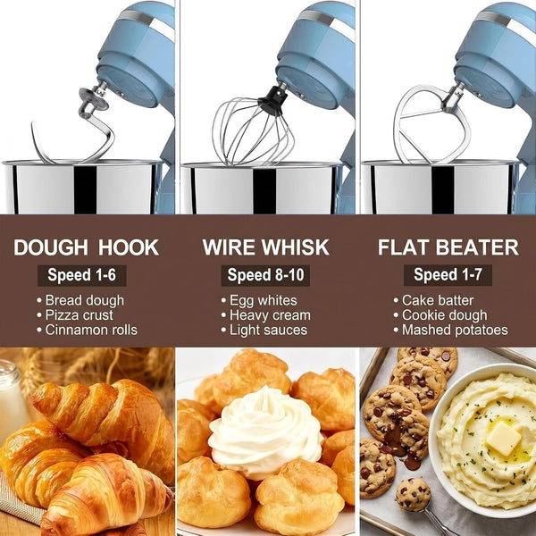 Stand Mixer, 6.5 Quart, 660W, Tilt-Head Food Mixer with 10+ Speeds, Stainless Steel, Multifunctional, for Bread Dough and Cake (Blue)3