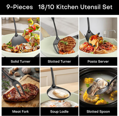 Kitchen Utensil Set 9-Piece Stainless Steel 304 Polished Mirror Finish Cooking Spoons, Slotted Spoon, Turner, Spatula, Pasta Spoon– Dishwasher Safe, Rust-Resistant4