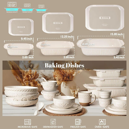 Casserole Dishes for Oven, Ceramic Baking Dish, Large Lasagna Pan with Handles, Baking Pan Casserole Dish, Rectangular Bakeware Deep, Set of 3 (5.1Qt/2.3Qt/1.1Qt) (White, with Lids)7