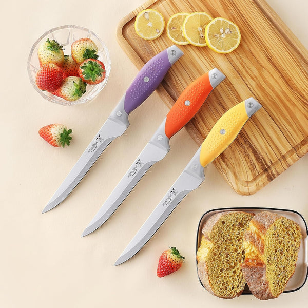 3PCS Boning Knife, German Stainless Steel Fillet Knives, 6 Inch Curved Boning Deboning Filet Fillet Knife for Meat, Fish, Poultry, Cutting, Trimming, Ergonomic Rubber Handle, Dishwasher Safe7