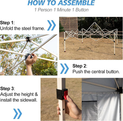 10X10 Pop up Canopy Tent, 1-Button Push Setup Canopy Tent with 1 Sidewall, Adjustable Height Instant Portable Shelter,Portable Roller Bag, Easy Outdoor Sun Shade for Events,4 Weight Bags,Blue5
