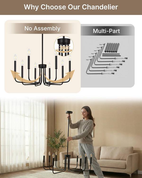 8 Light Black Chandelier, Farmhouse Chandelier for Dining Room Light Fixture Hanging, UL Listed Industrial Modern Chandelier for Bedroom, Foyer, Kitchen, Living Room, No Assembly Required6