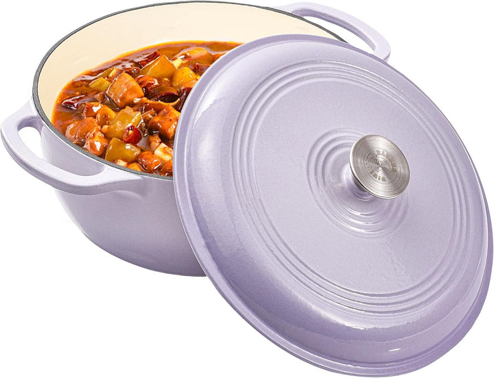 6 Quart Enameled Cast Iron Dutch Oven Pot with Lid Heavy Duty Dutch Oven for Bread Baking Braising Stews Roasting Oven Safe up to 500°F Dual Handles Purple (Purple)