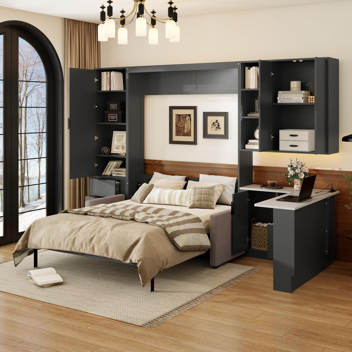 queen-size-foldable-murphy-bed-with-sofa-and-desk-wall-cabinet-bed-with-hydraulic-storage-shelves-drawers-led-usb-lighting-dark-gray-panel-beige-sofa