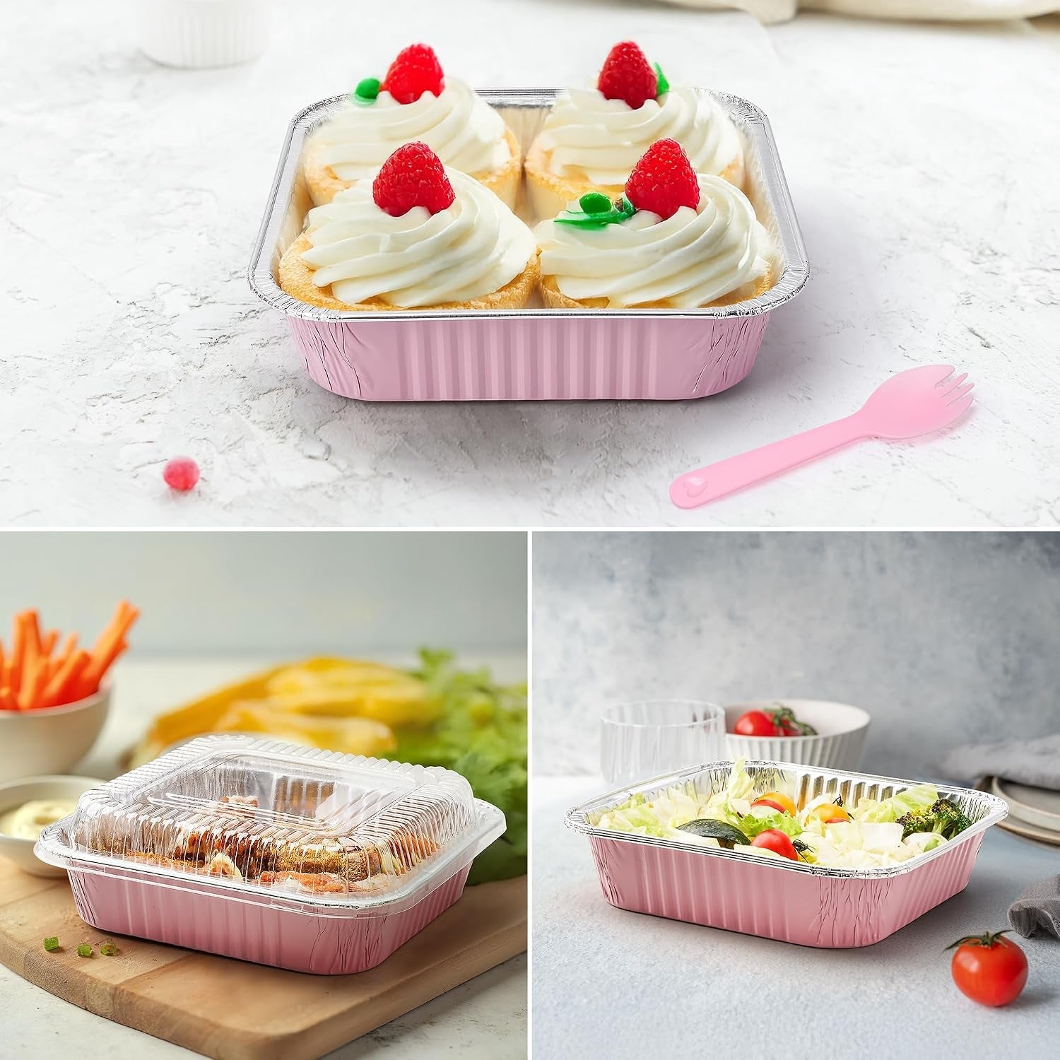 35-packpink-8x8-inch-disposable-aluminum-foil-pans-square-cake-pans-for-parties-clear-plastic-lids-eco-friendly-baking-trays-with-stickers-cake-spoons-picnics-casseroles-takeout-recyclable-cookware
