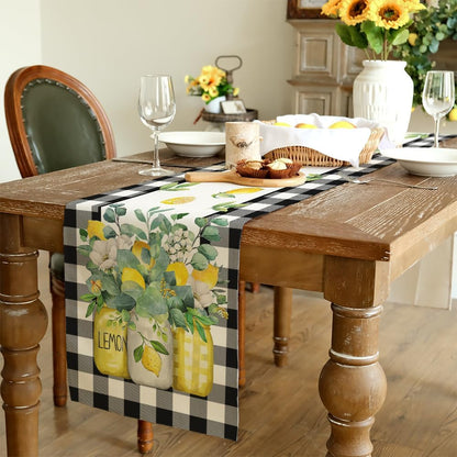 Black Buffalo Check Summer Table Runner 13 X 60 Inch, Lemon Vase Spring Farmhouse Rustic Holiday Runners Kitchen Dining Table Decoration for Indoor Outdoor Dinner Party Décor3