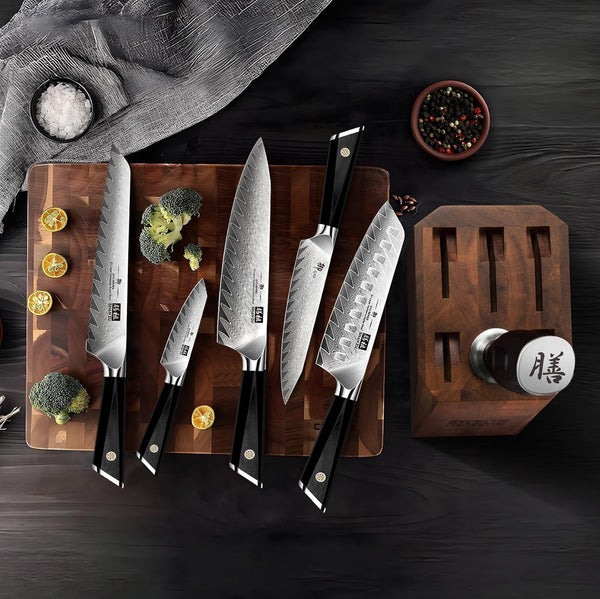 7-Piece Damascus Knife Set | Professional Kitchen Knife Sets for Chefs, Japanese 10Cr15Mov Super Steel Knife Block Set with G10 Handle , GYO Series7