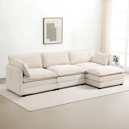 112'' Modular Sectional Cloud Couch with Movable Ottoman, 4 Seat Modern Corduroy Sofa, Deep Seat L Shaped Couch for Living Room Bedroom Apartment, Beige1