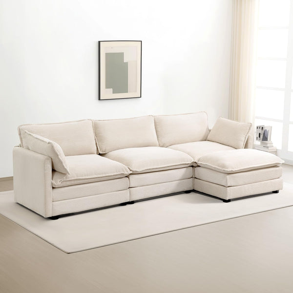 112'' Modular Sectional Cloud Couch with Movable Ottoman, 4 Seat Modern Corduroy Sofa, Deep Seat L Shaped Couch for Living Room Bedroom Apartment, Beige1