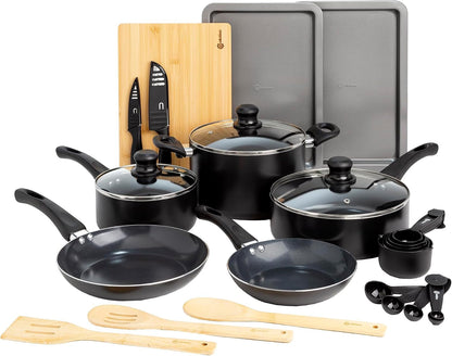 Easy Clean Ceramic Nonstick Cookware Set, Dishwasher Safe Kitchen Pots and Pans Set, Comfort Grip Handle, Even Heating, and Ultimate Food Release, 26-Piece, Black1
