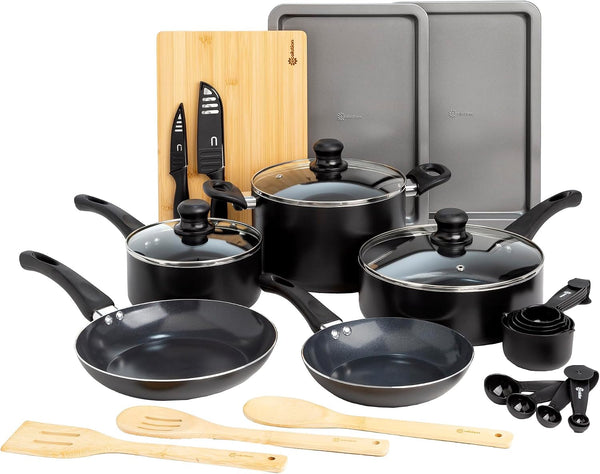 Easy Clean Ceramic Nonstick Cookware Set, Dishwasher Safe Kitchen Pots and Pans Set, Comfort Grip Handle, Even Heating, and Ultimate Food Release, 26-Piece, Black1
