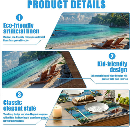 Beach Hawaii Palm Placemats Set of 6, Washable Linen Place Mat Heat Resistant Non Slip Kitchen Dining Table Mats 12X18 Inch3