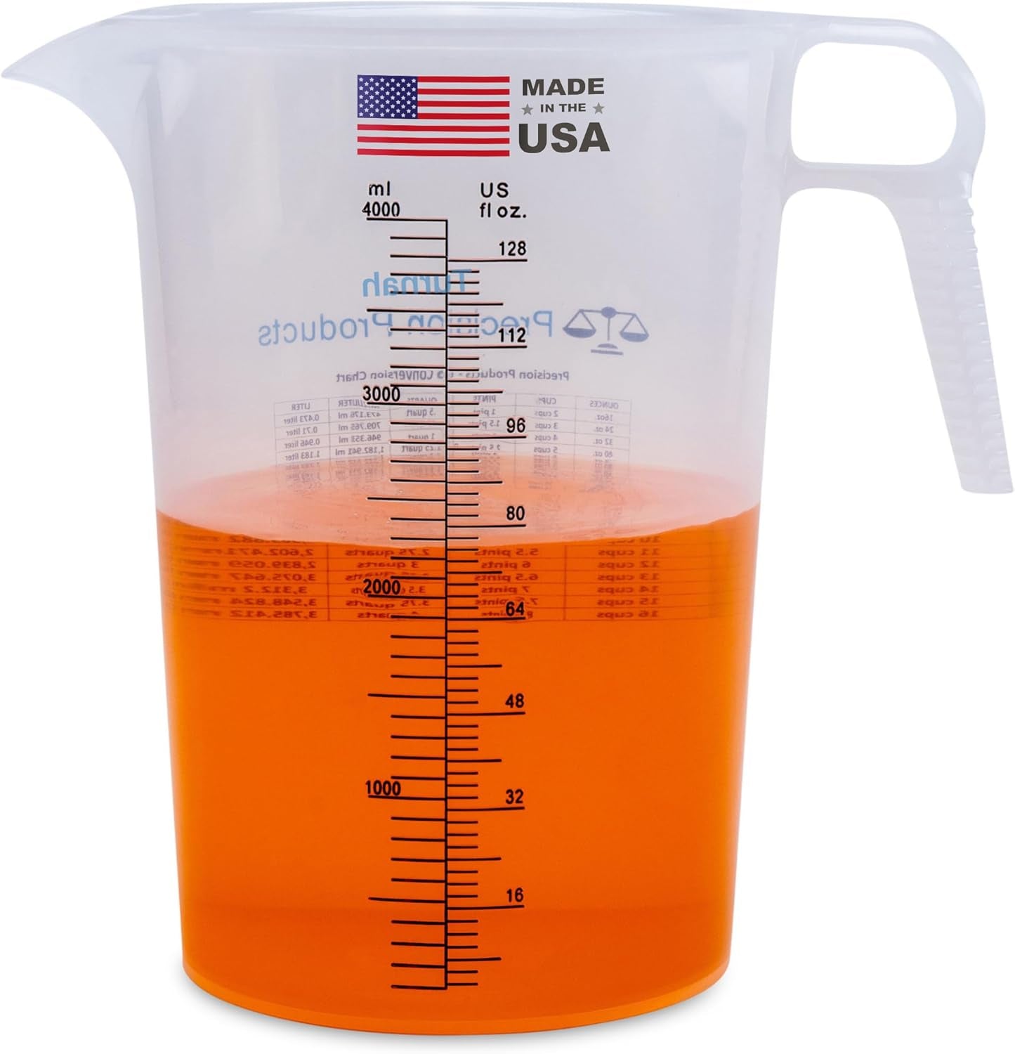 one-gallon-128oz-measure-pitcher-convenient-conversion-chart-strong-food-grade-great-for-lawn-chemicals-pool-ag-lye-home-hobbies-motor-oil-fluids-precision-products-made-in-usa