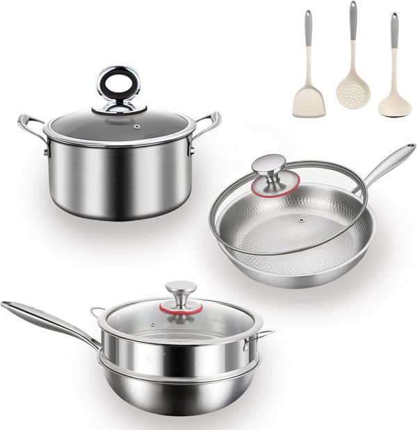 Titanium Pans Set for Cooking, Titanium Frying Pan & Titanium Soup Pot and Titanium Wok with Steamer, Non-Toxic Titanium Hammered Pro Skillet, PFAS/PFOA/PTFE Free Cookware, Dishwasher&Oven Safe1