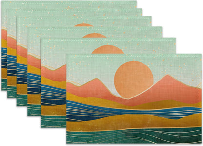 Boho Mountain Linen Placemats Set of 6,12X18 Inch Sunset Landscapes Washable Table Mats Heat Resistant Place Mats for Home Party Kitchen Dining Decoration1