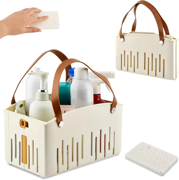 Portable Shower Caddy with Cleaning Sponge, Foldable Shower Storage Basket with Handle and Adjustable Divider, Quick Dry Bathroom Organizer Bin for Bathroom,Dorm,College,Camp,Travel(Color:Cream)1