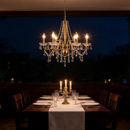 Gold Crystal Chandelier, 6-Light Candle Style French Chandelier with Clear Crystal, 25" Vintage Modern Farmhouse Dining Room Chandelier Light Fixture for Living Room Bedroom Kitchen Foyer Stairway6