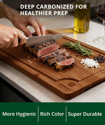 Wooden Cutting Boards for Kitchen Appliances - Non Toxic Bamboo Wood Cutting Board Set with Deep Juice Groove, Side Handles, Charcuterie & Butcher Block for Meat, Meal Prep & Serving5