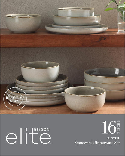 Sunveil 16 Piece (Service for 4) Plates and Bowls Reactive Glaze round Dishes Stoneware Ceramic Dinnerware Set - Light Taupe2