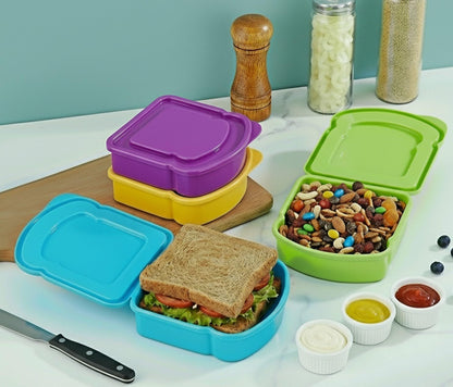 4 Pack - Fun Size Sandwich Containers - Connected Lid Assures Top & Bottom Always Make It Home. Reusable, BPA Free Plastic - Sandwich Box - Use for Fruit, Salad, Lunch Box Snacks and Food Storage4
