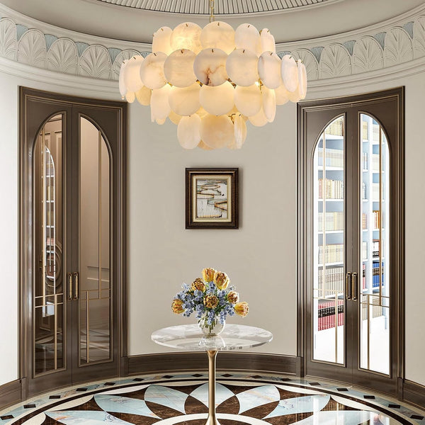 31.5" Alabaster Chandelier, Gold round Large Chandelier with Natural Stone Discs, Modern Luxury Dining Room Pendant Light Fixture for Living Room, Bedroom, Foyer6