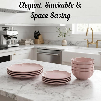 12 Pieces Scalloped Dinnerware Set, Modern Pink Dishes for 4, Premium Serving Plates & Bowls Sets, Chip Resistant, Blush Ceramic Dishware, Kitchen Dish, Microwave & Dishwasher Safe, Bethany5