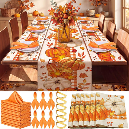 19 Pcs Fall Table Runner and Placemats Set, Fall Pumpkin Runner, Placemats, Napkins, Napkin Rings Kitchen Dining Table Decoration for Autumn Harvest Thanksgiving Party Decor1