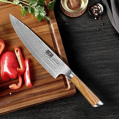 Damascus Kitchen Knife Set 5PCS, Sharp Chef Knives Ergonomic Grip | Professional Cooking Knife Set | Japanese Super Steel | 15° Edge | 62 HRC | Ergonomic Olive Wood Handle | Housewarming Gift7