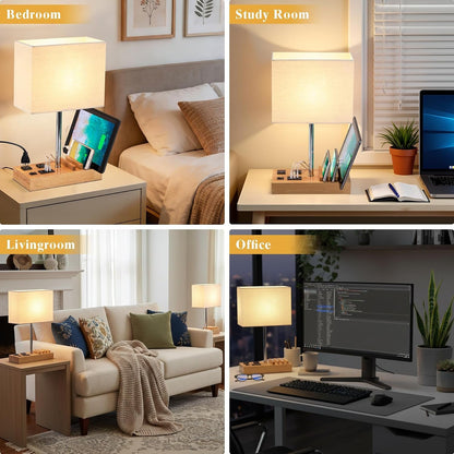 USB Table Lamp, Multi-Functional Desk Lamp with 2 AC Outlets, Bedside Lamp with 3 USB Charging Ports and Wooden Phone Stands, Nightstand Lamp for Bedroom, Livingroom, Office, Natural Wood2