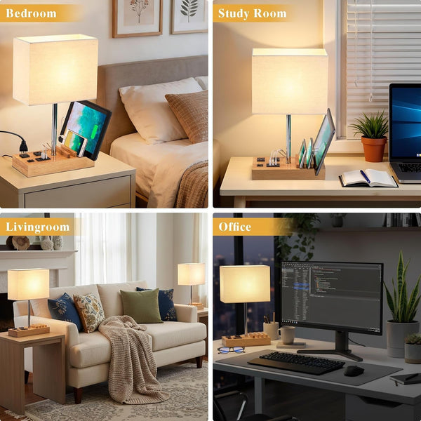 USB Table Lamp, Multi-Functional Desk Lamp with 2 AC Outlets, Bedside Lamp with 3 USB Charging Ports and Wooden Phone Stands, Nightstand Lamp for Bedroom, Livingroom, Office, Natural Wood2