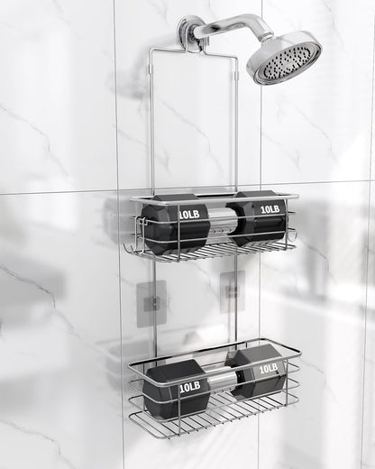 Hanging Shower Caddy, Stainless Steel, 2-Tier Bathroom Organizer Rack over Shower Head with 2 Hooks for Razor and Sponge6